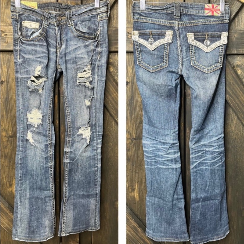 Machine Distressed Embellished Boot Cut Jeans - Size 0